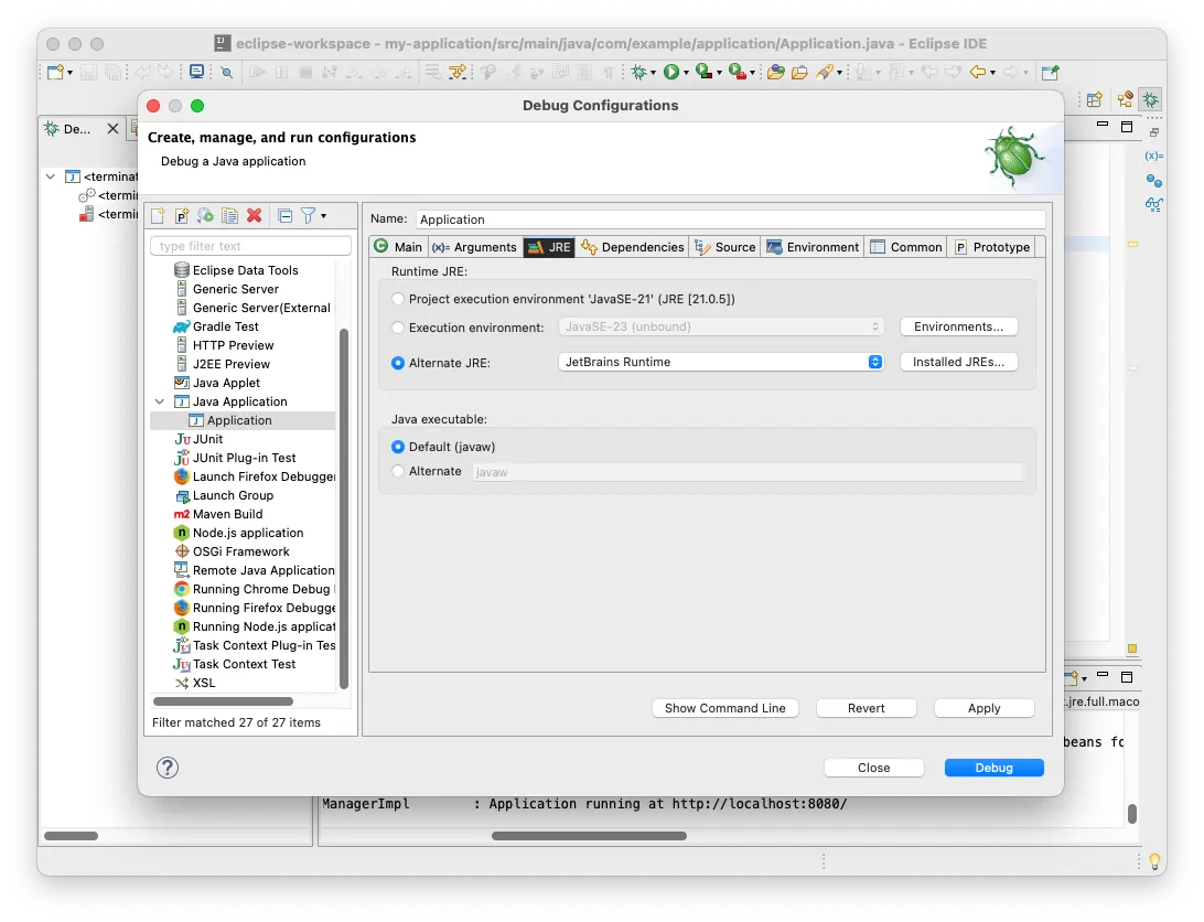 Eclipse IDE debug configurations window with the JRE tab selected